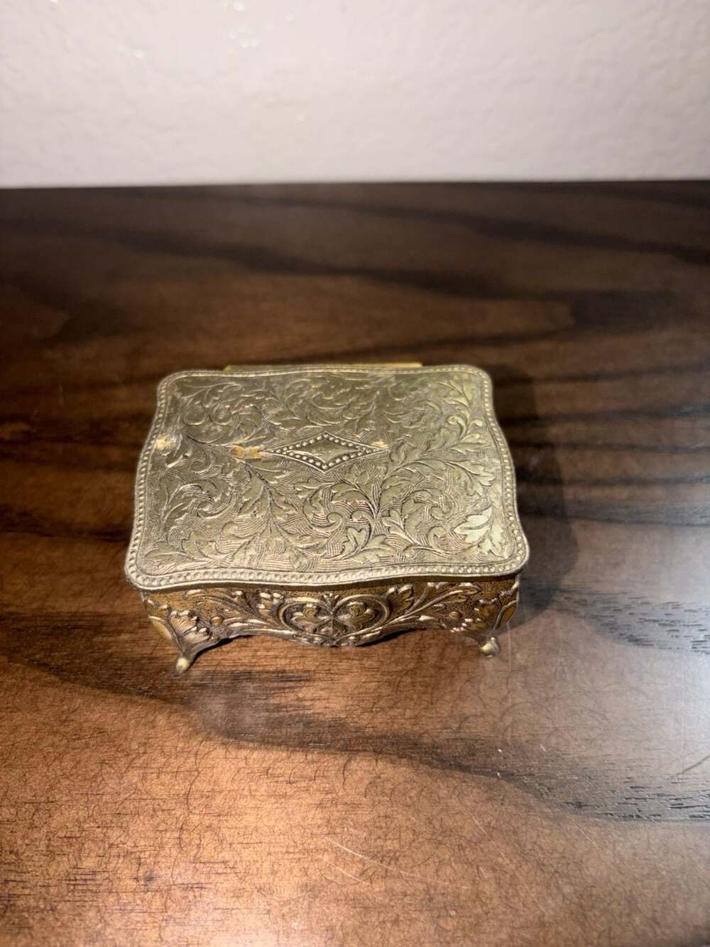 Vintage Ornate Metal Footed Jewelry Trinket Box with Red Velvet Interior, Made i